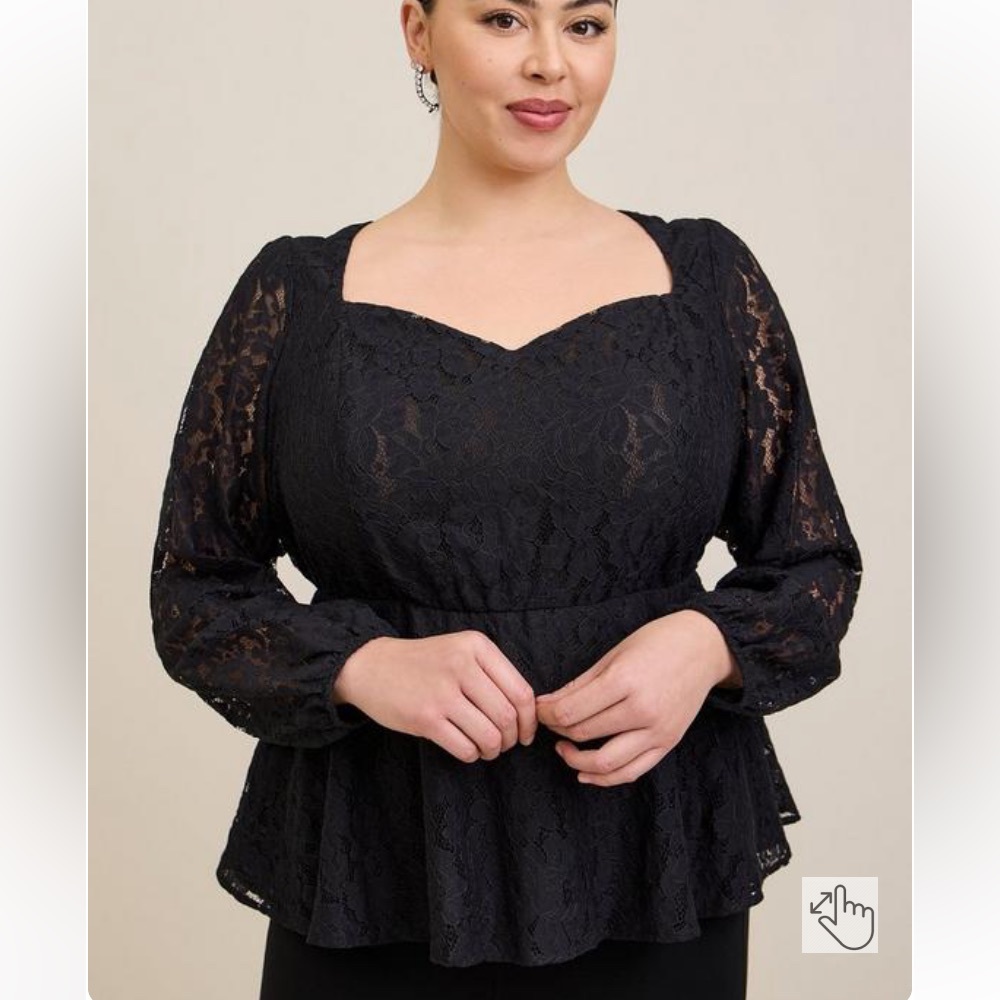 3/$30 🌸 NWT Torrid Peplum Lace Puff Sleeve Top - Deep Black, Size 1 (1X 14-16)